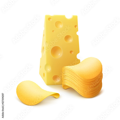 Vector Potato Crispy Chips Stack with Cheese Close up Isolated on Background