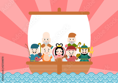 宝船に乗った七福神のイラスト