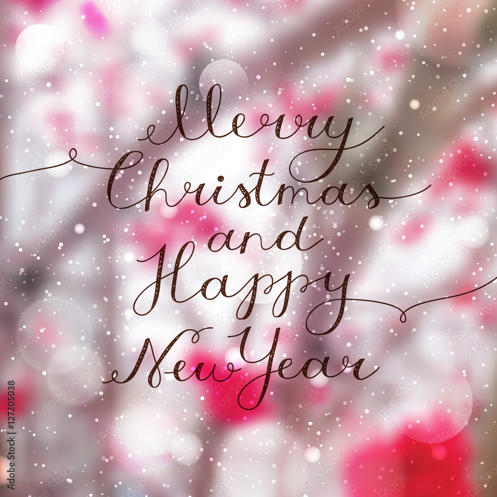 merry christmas and happy new year, vector lettering, handwritten text on blurred winter background with red berries and branches merry christmas and happy new year, vector lettering, handwritten text on blurred winter background with red berries and branches
