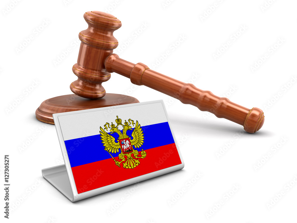 3d wooden mallet and Russian flag. Image with clipping path