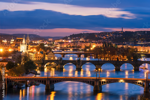 Photography Night cityscape of Prague historical architecture and famous bridges