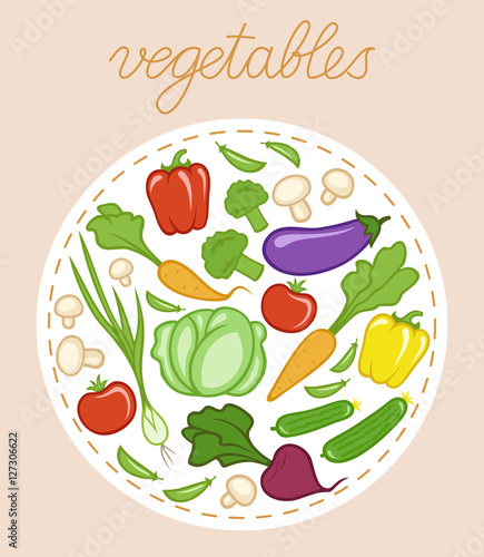Set of vegetables with tomatos, sweet peppers, eggplant, carrots, cucumbers and other fresh vegetables. Vector illustration