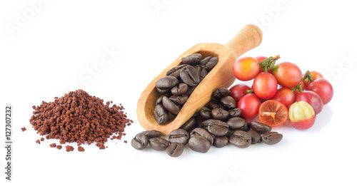 instant coffee with lcoffee beans on white background