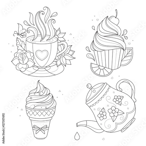 Coloring page set. Cupcake, ice cream, tea pot, cup.