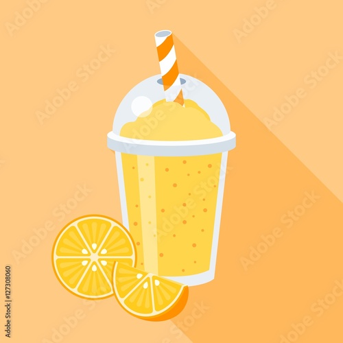 Orange smoothie vector illustration with fruits, Orange juice in plastic grass with straw, flat design with long shadow