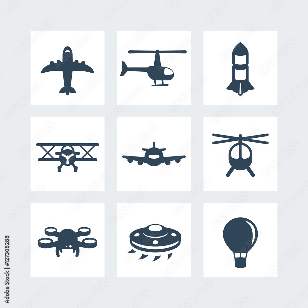 Aircrafts icons set isolated on white, vector illustration Aircrafts icons set isolated on white, vector illustration
