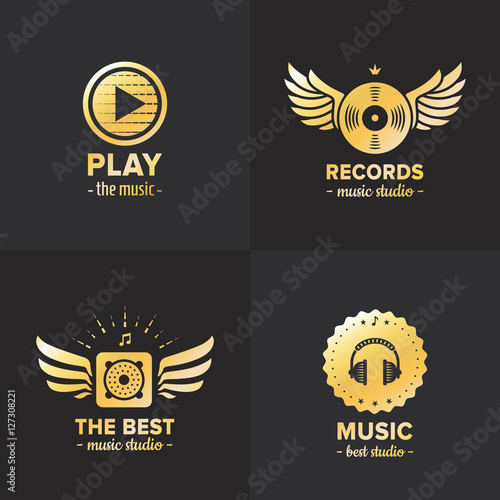 Music studio and radio gold logo vintage vector set. Part two.