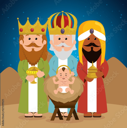 three wise kings baby jesus manger vector illustration eps 10