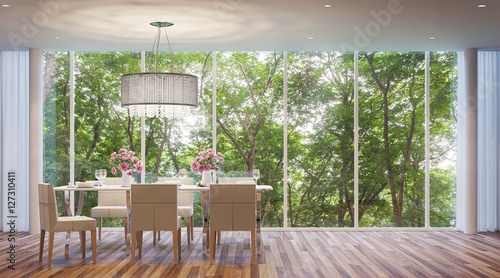 Modern-style dining room, surrounded by nature. Large windows Looking to experience nature up close. © onzon