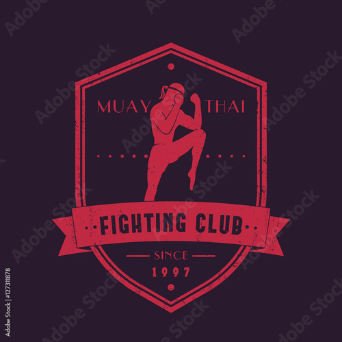 Muay Thai fighting club vintage emblem with fighter, logo, print, vector illustration