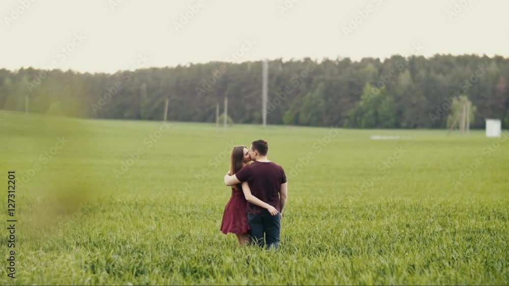 Man and woman in love. Couple walking in an oat field, kissing, hugging. Woman in red dress touches man s face. Slow mo Man and woman in love. Couple walking in an oat field, kissing, hugging. Woman in red dress touches man s face. Slow mo