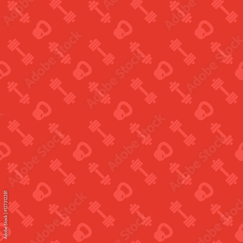 seamless pattern with fitness icons, dumbbells and kettlebell, red background