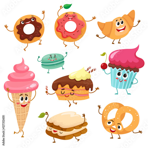 Set of funny dessert characters - donut, croissant, cupcake, cake, tiramisu, pretzel, macaroon, cartoon style vector illustration isolated on white background. Cute smiley sweets, dessert characters