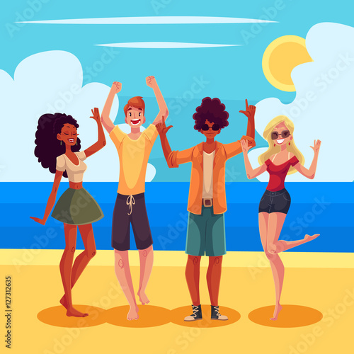Young people dancing on the beach, cartoon style vector illustration. Young men and women, teenagers, boys and girls dancing at a seaside party in beach clothes on a wonderful sunny day