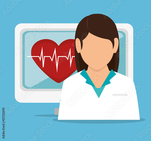 girl doctor computer pulse heart vector illustration eps 10