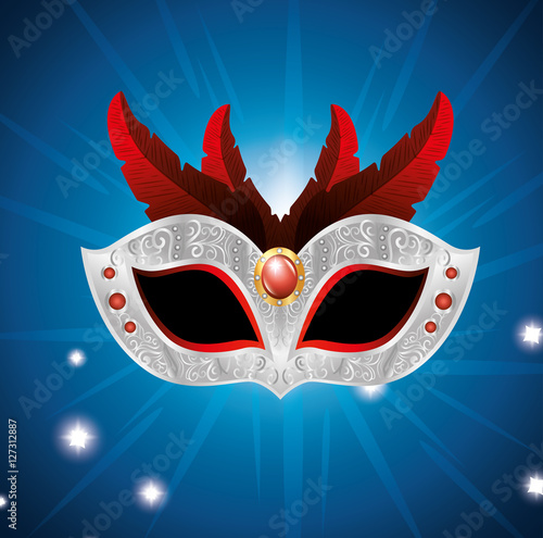 carnival mask with red feathers lights blue background vector illustration eps 10