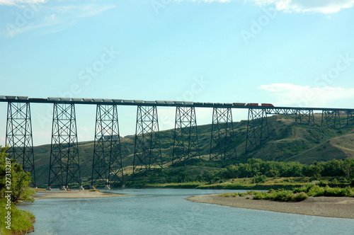 Scenic View of Freight Train Crossing the Lethbridge Viaduct Bridge in Alberta Canada