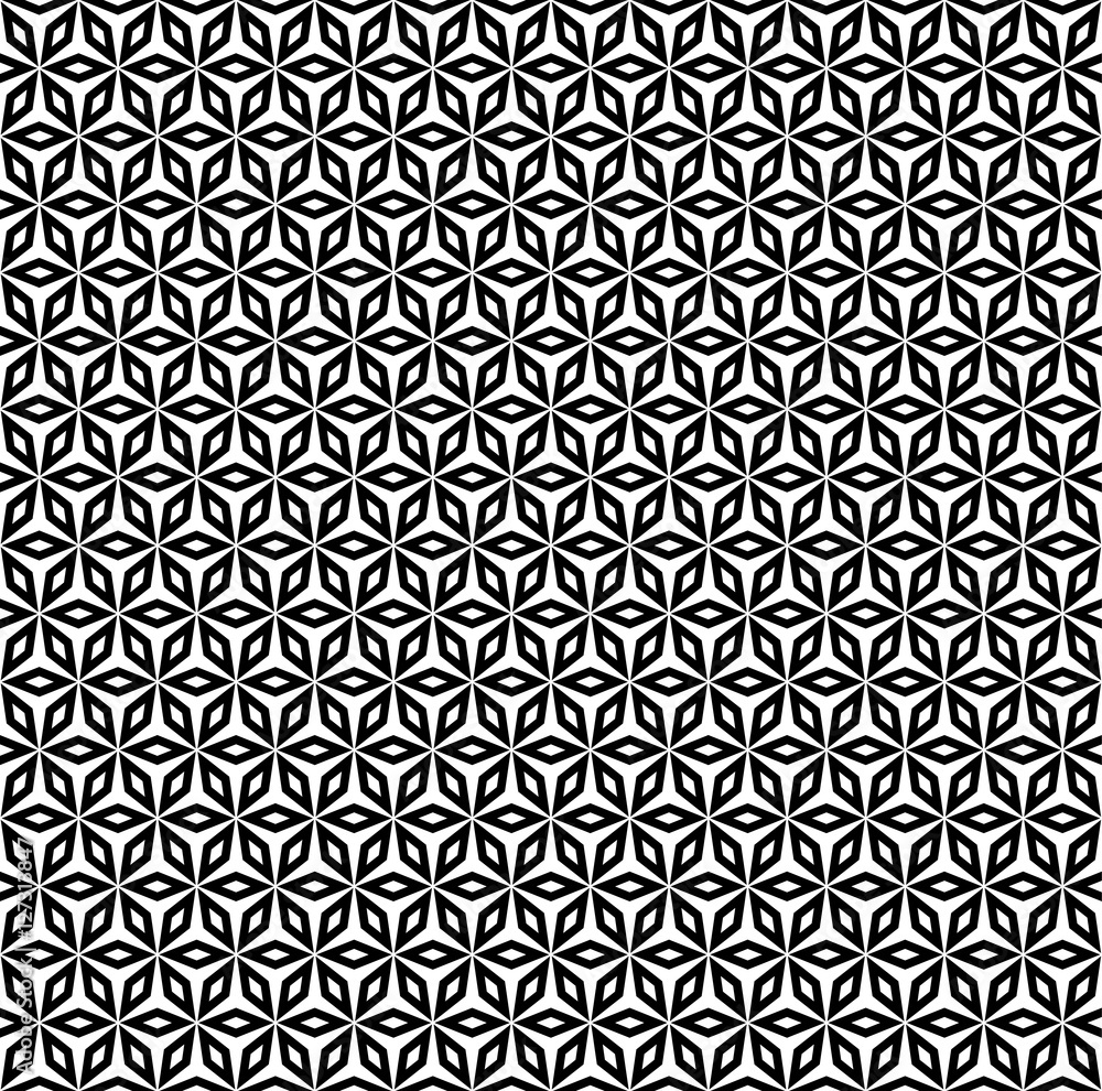 Vector monochrome seamless pattern, simple black & white background, abstract repeat mosaic texture, geometric floral ornament. Decorative design element for prints, cover, textile, digital, fabric