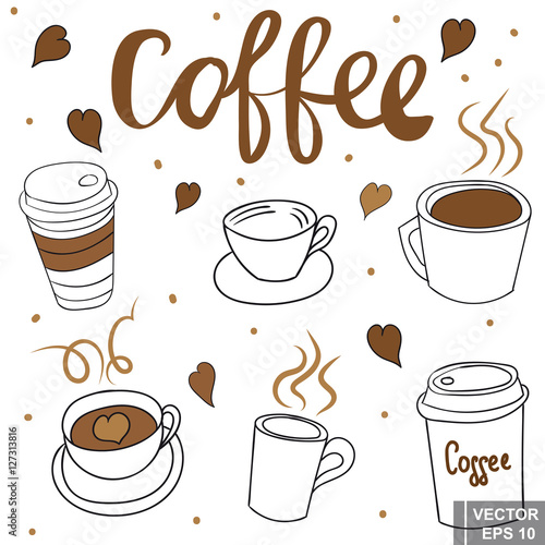 A set of cups for coffee. Doodle. Hand drawing. Morning invigorating drink.