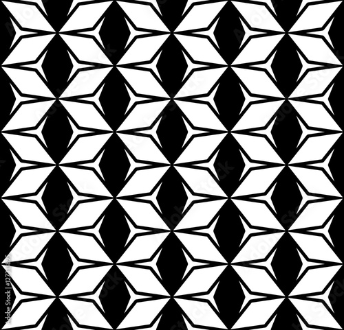 Vector monochrome seamless pattern, simple repeat geometric texture, black & white contrast figures, rhombuses & triangles. Abstract endless background. Design element for prints, digital, decoration