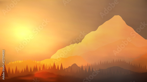 Sunrise Mountain with Pine Forest Landscape - Vector Illustratio