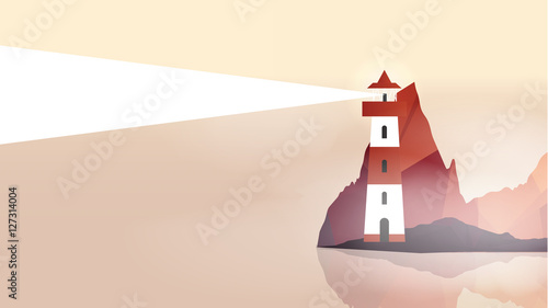 Lighthouse on Island with Navigation Light - Vector Illustration