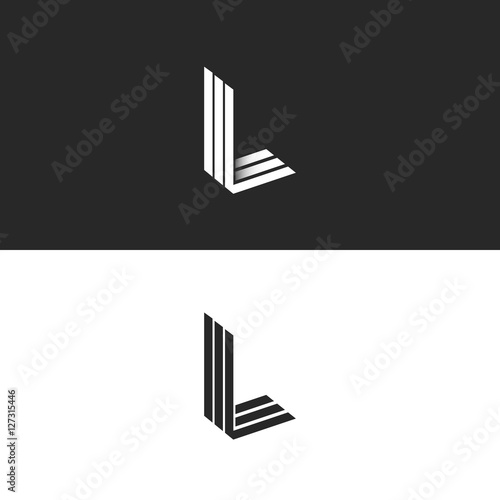Monogram L logo hipster letter, isometric shape LLL emblem 3D parallel thin line, mockup linear initials typography design element photo