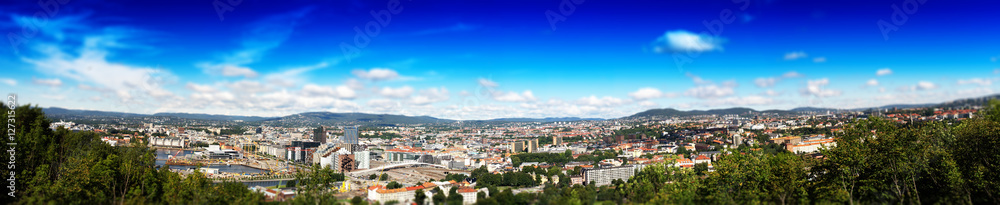 Micro toy panorama of  Oslo city background
