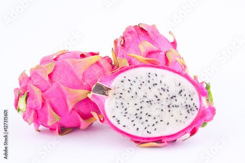 dessert vivid and vibrant organic dragon fruit (dragonfruit) or pitaya on white background healthy dragon fruit food isolated 