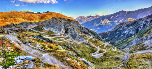 Serpentine road to the St. Gotthard Pass in the Swiss Alps photo