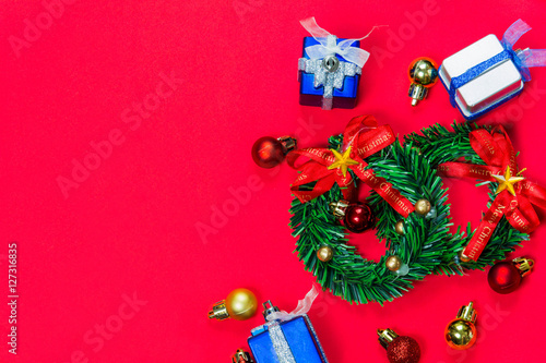 Christmas gifts on red background