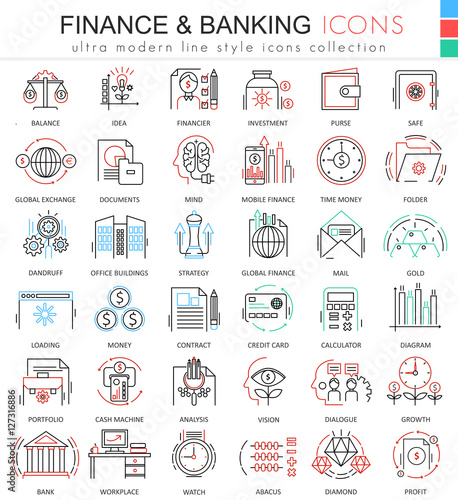 Vector finance and banking ultra modern color outline line icons for apps and web design. Finance money icons set.