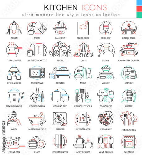 Vector Kitchen color flat line outline icons for apps and web design. Kitchen tools icons.
