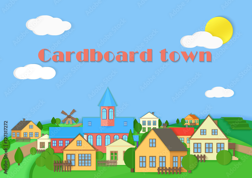 Old town cardboard village landscape. Paper color style village vector illustration.