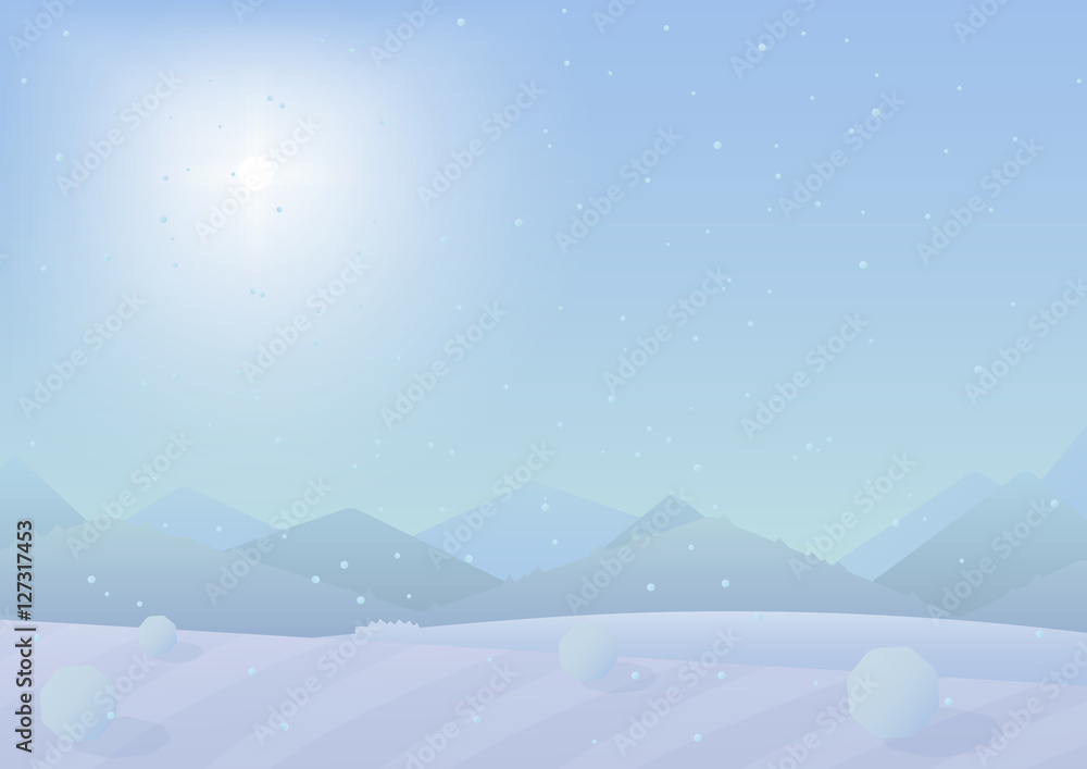 Beautiful simple flat Chrismas winter mountains landscape background. New Year vector greeting card.