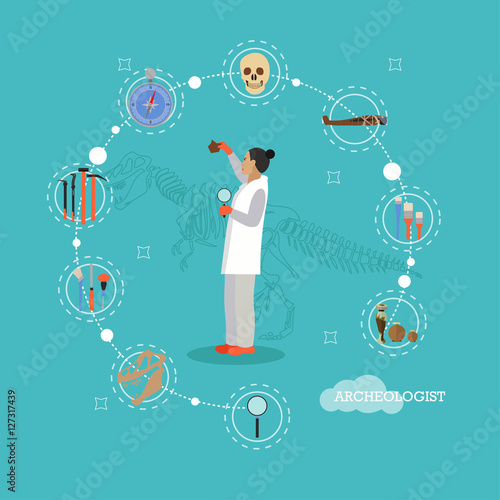 Vector illustration of researcher, archaeological tools and antiquities, flat style