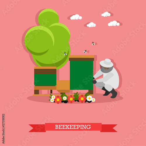 Vector illustration of apiarist sitting near beehive, flat style
