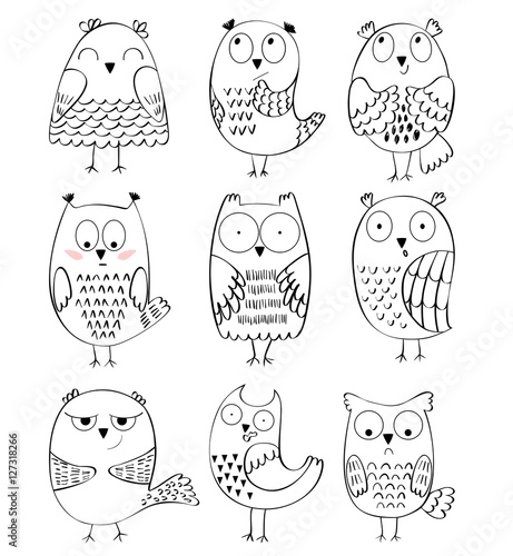 Set of cartoon owls with various emotions.