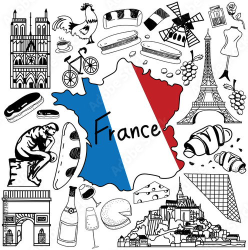 Travel to France doodle drawing icon. Doodle with culture, costume, landmark and cuisine of France tourism concept in isolated background, create by vector  