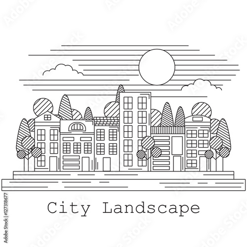 City landscape cityscape line art thin line town building house vector black and white illustration