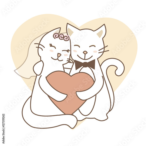 Cats groom and bride. Wedding cat.  Vector illustration of cute animals in pastel colors. It can be used for gifts save the date