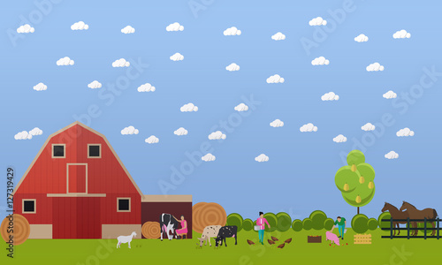 Farming men and women working on farmyard, vector illustration