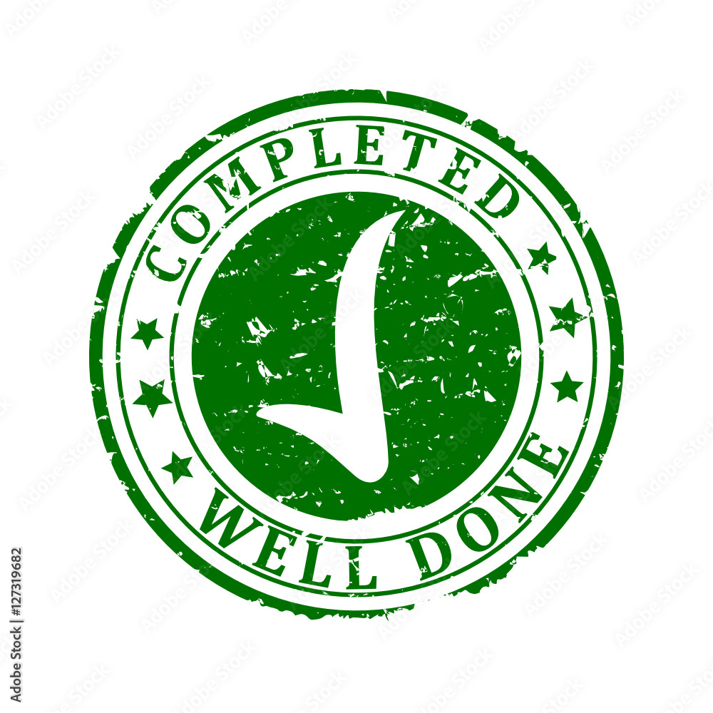 Scratched round green stamp with the words - completed, well done - Vector svg Scratched round green stamp with the words - completed, well done - Vector svg