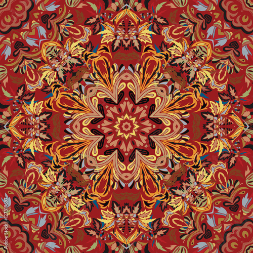 Floral pattern Flourish tiled oriental ethnic background. Arabic ornament with fantastic flowers and leaves. Wonderland motives of the paintings of ancient Indian fabric patterns.