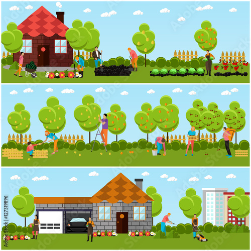 Vector set of gardening and harvesting concept banners, flat style