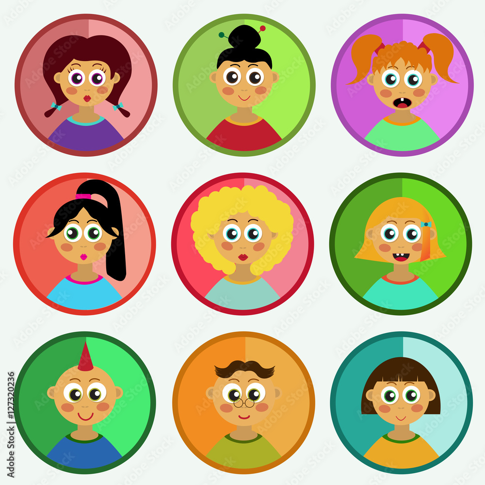 Children portraits avatars flat cute vector set Children portraits avatars flat cute vector set