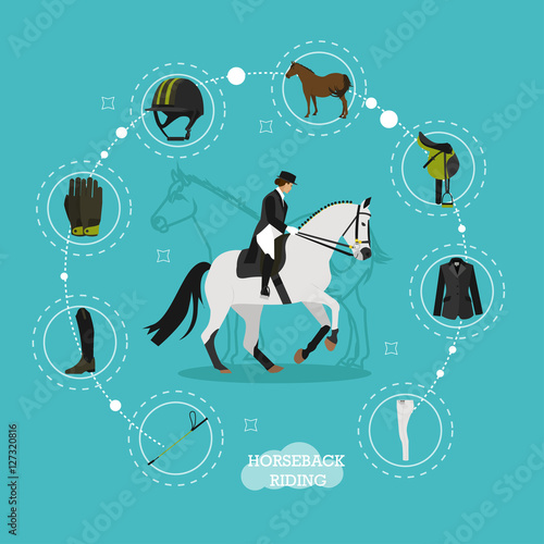 Horseback riding woman and equestrian equipment infographic items, vector illustration.