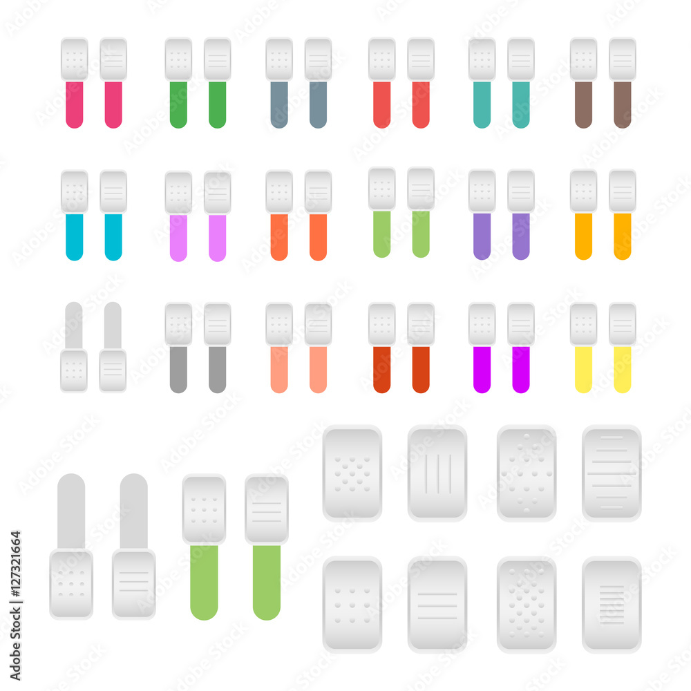 Set of colorful toggle switch icons. Switch buttons. On and Off position. Vector user interface set including switches. Set of colorful toggle switch icons. Switch buttons. On and Off position. Vector user interface set including switches.