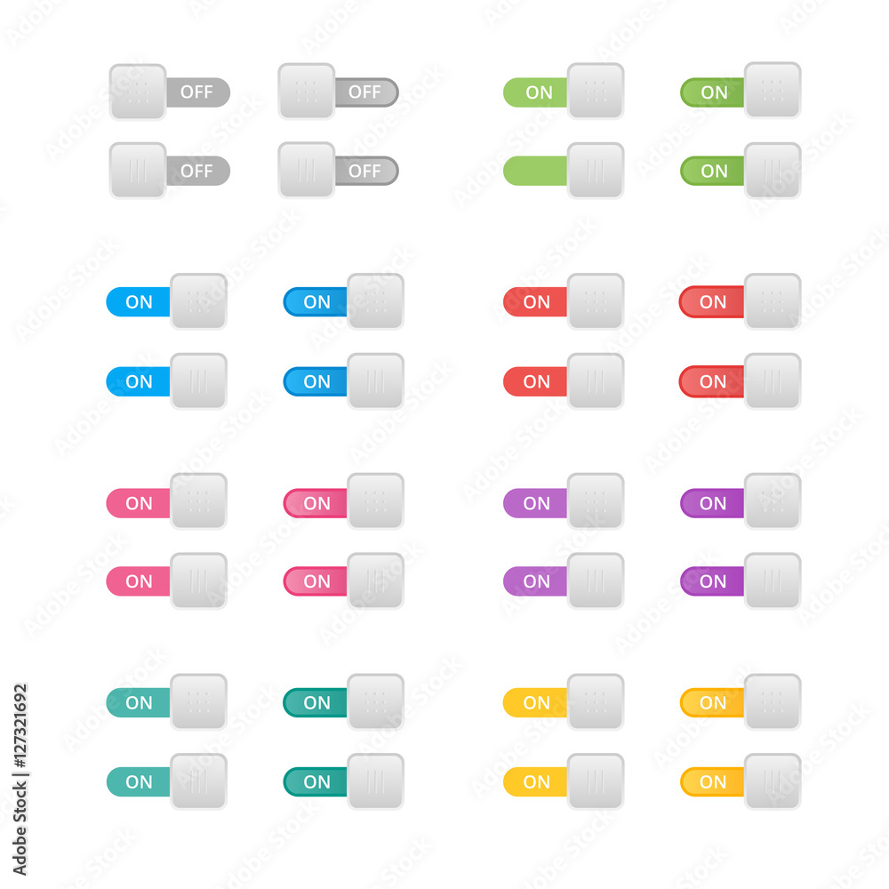 Set of colorful toggle switch icons. Switch buttons. On and Off position. Vector user interface set including switches.
