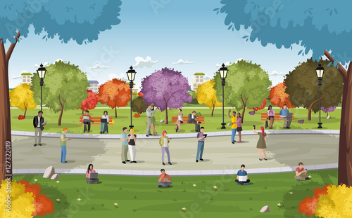 Business people in a park with smart phones and computers. Nature landscape.
